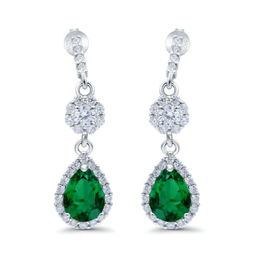 Halo Dangle & Drop Earrings Pear Simulated Green Emerald CZ 925 Sterling Silver